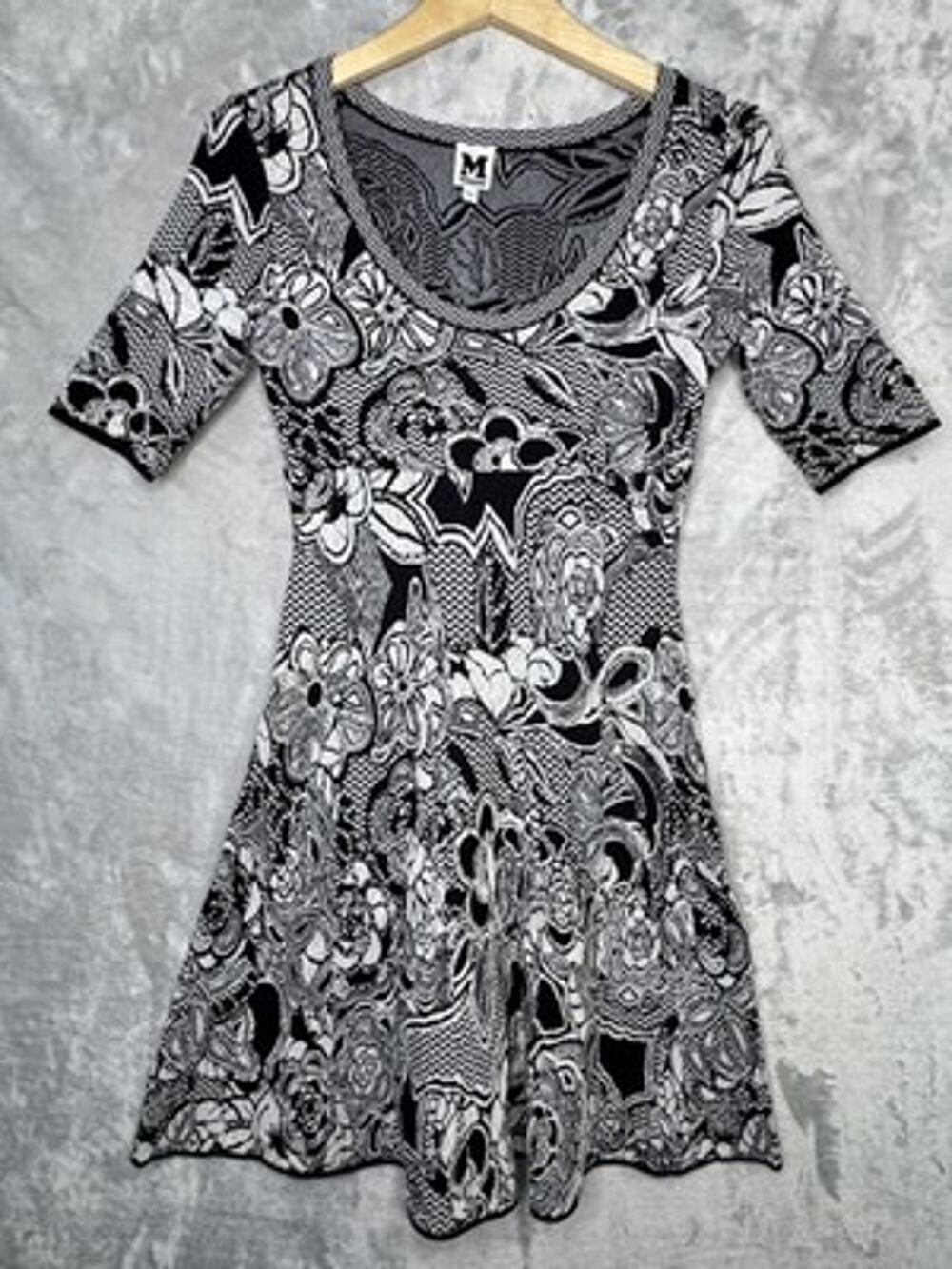 M Missoni Dress Womens XS 38 Black White Floral Jacquard Fit & Flare Knit Mini